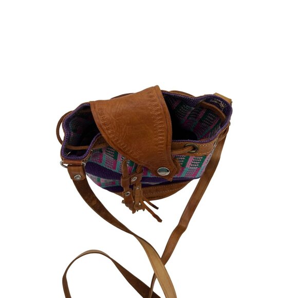 Handmade Boho Bucket Crossbody Bag With Leather Accents & Adjustable Strap - Picture 2 of 7